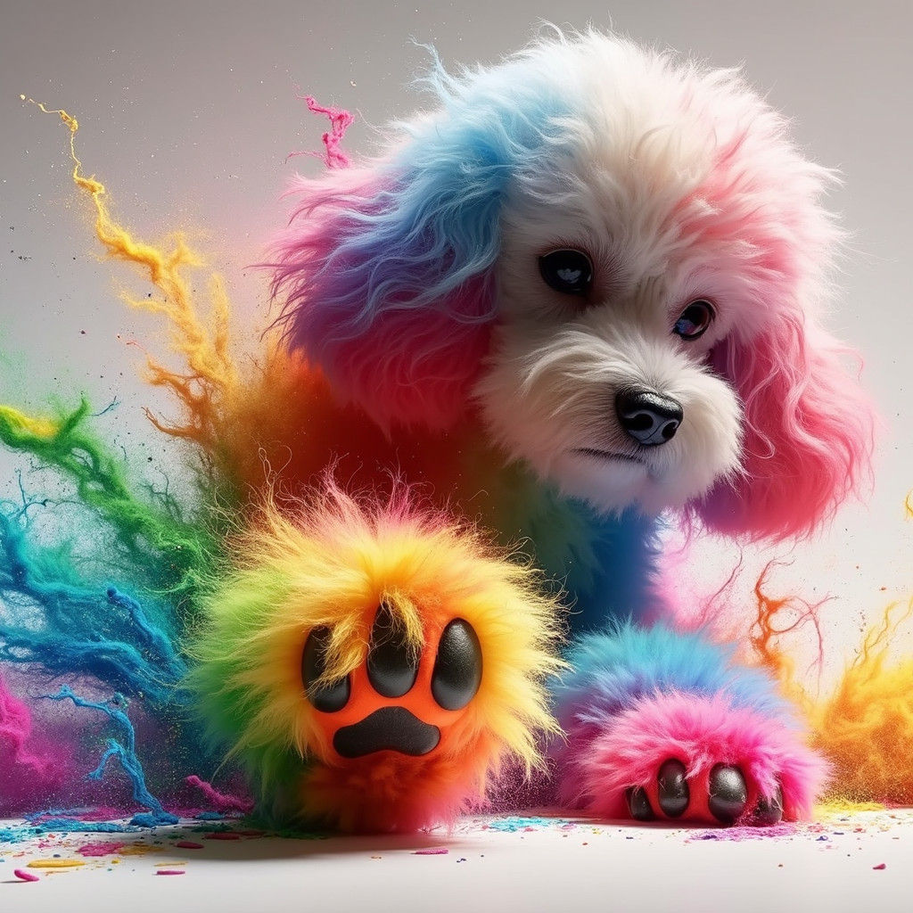 Close-up, white background,
A rainbow-colored poodle leaving...