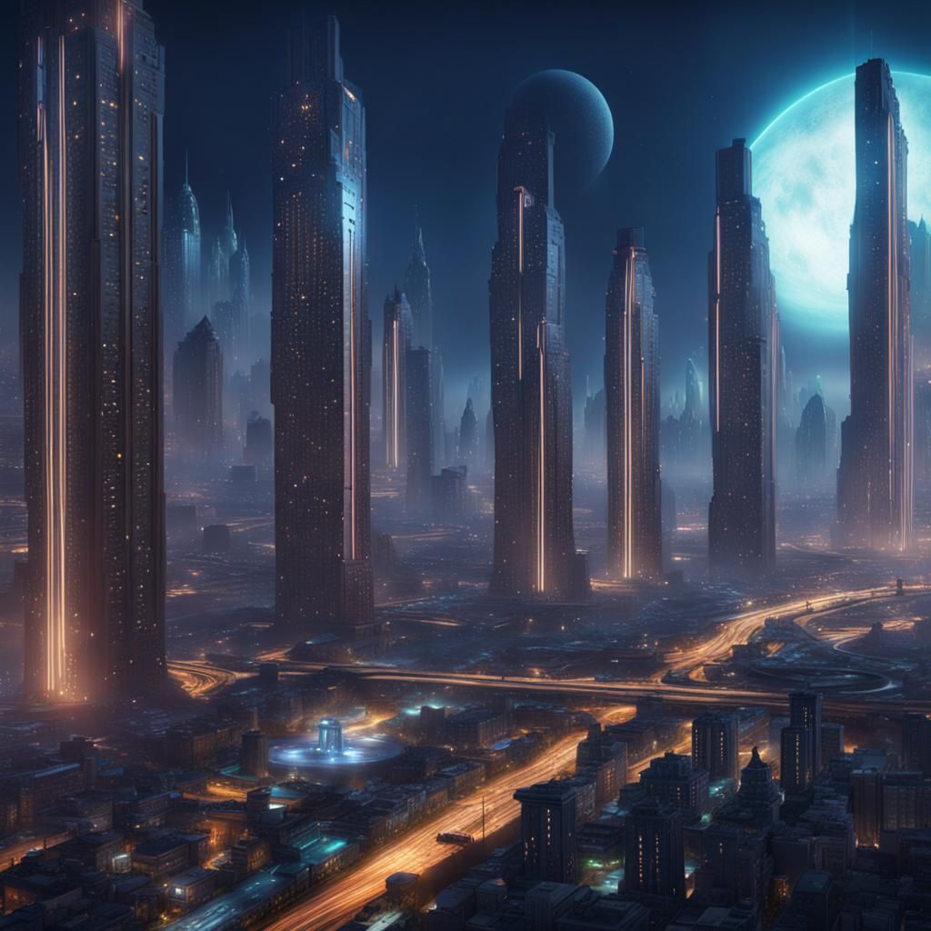 megacity on saturn by night detailed matte painting, deep co...