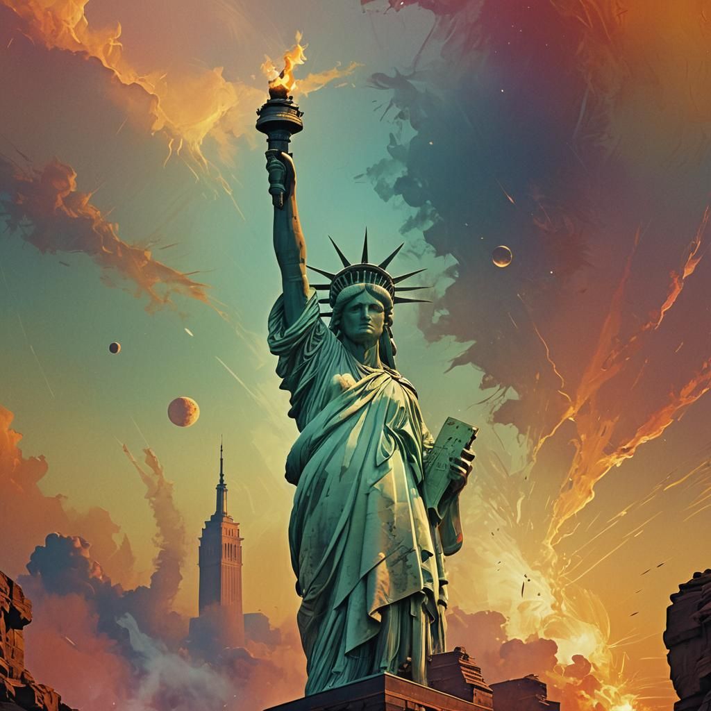 Statue of liberty walking on a planet