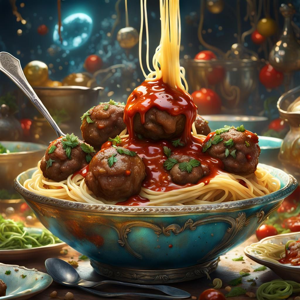 Magical bowl of spaghetti and meatballs - AI Generated Artwork ...