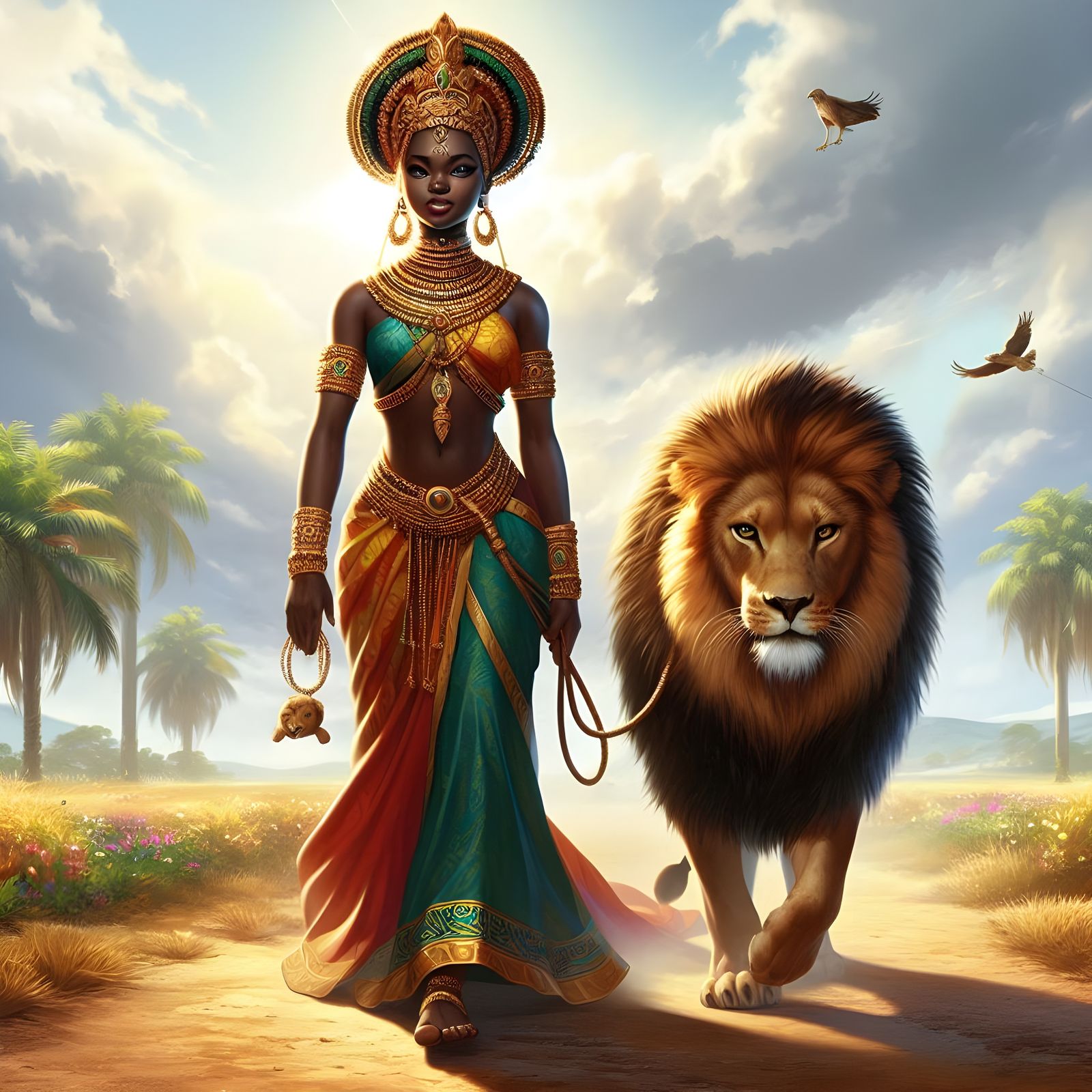 AFRICAN KING AND QUEEN WITH A LION