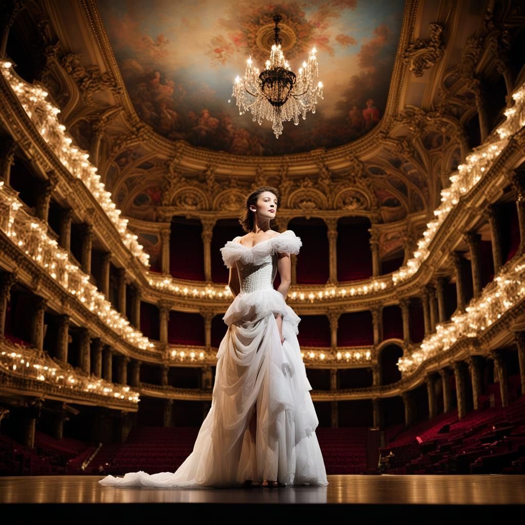 Imagine a scene from the "Phantom of the Opera" set in the sumptuous Opéra Garnier in Paris. The stage ...  by @Momimoi