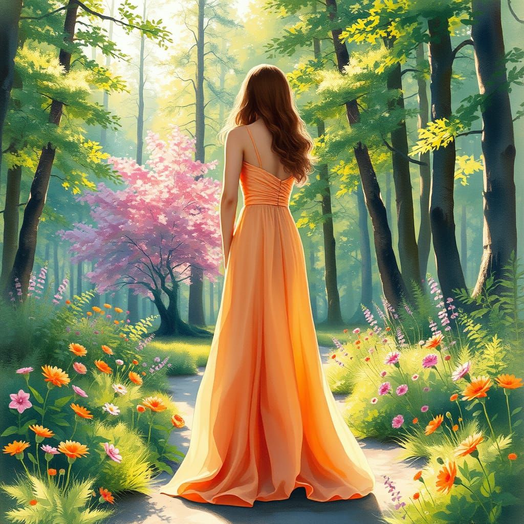 Woman in Forest: Elegant Watercolor Painting