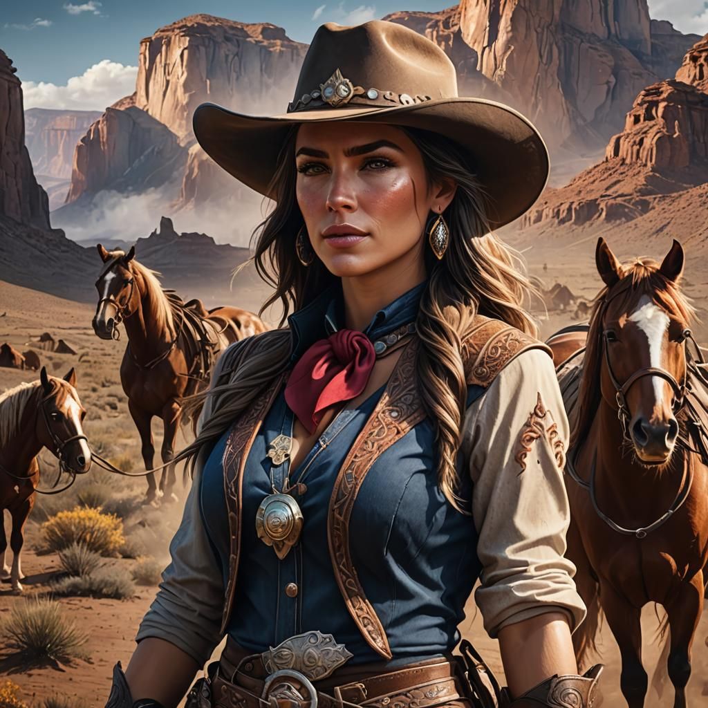 Beautiful Cowboy Woman and Horse in Detailed Matte Painting