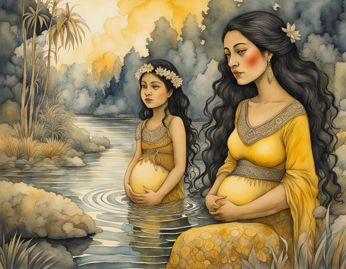 Pregnant Tahitian woman and her daughter wading in a lagoon ...