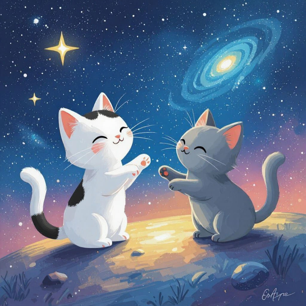 cartoon white with black spots space cat and grey space cat
