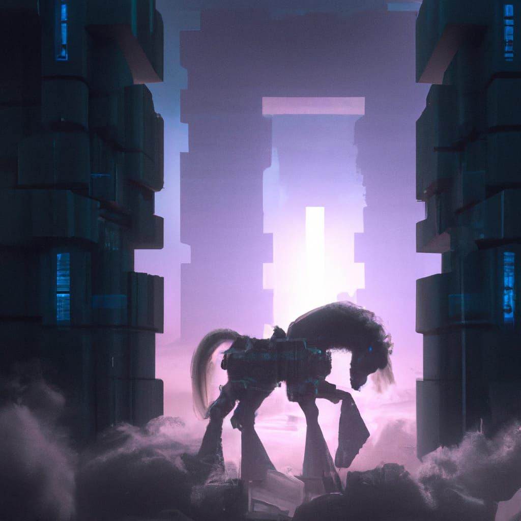 cyberpunk trojan horse entering a cloud city