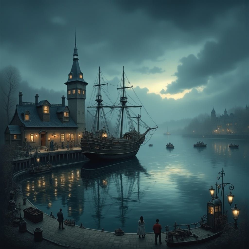<lora:NIGHTMARE ENGINE:1.0> Twilight harbour