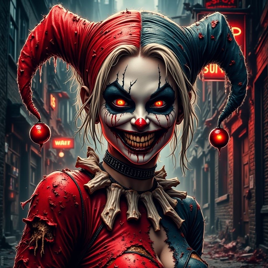 <lora:Screamo Flux Edition:0.5> Ultra-detailed UHDR illustration of a zombified Harley Quinn. Her iconic red-and-black jester outfit is torn...