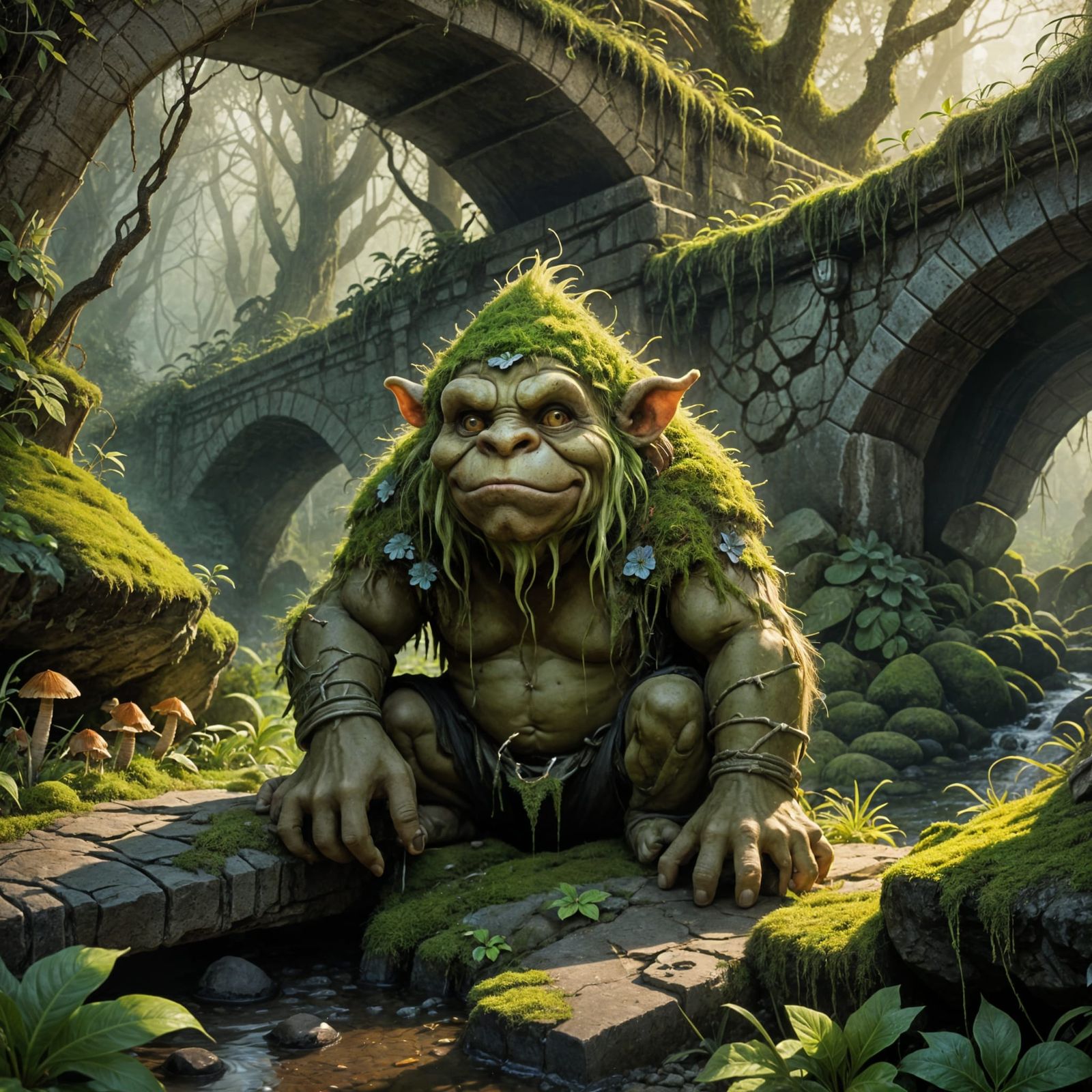 A moss-covered troll hiding under a bridge.  by @Horse-T