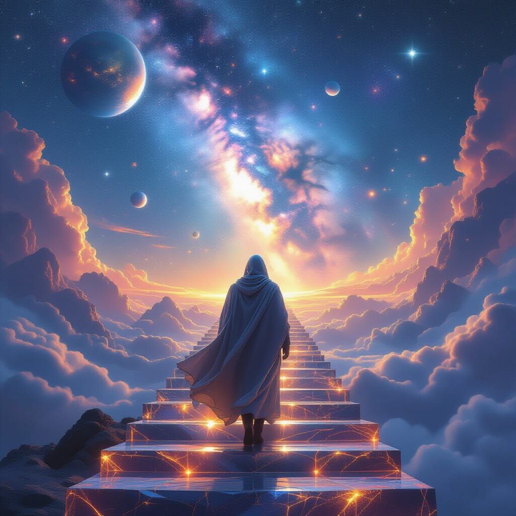 A lone figure climbing a staircase made of glowing crystal steps, stretching infinitely into a vast galaxy ...  by @MoonlitAura