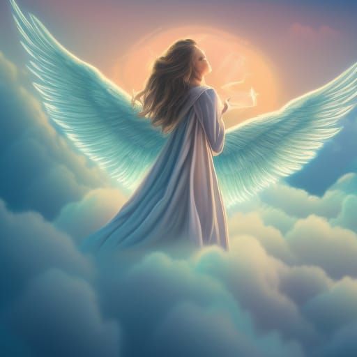 A beautiful angel with angel wings in a heavenlike place. pastel colors ...