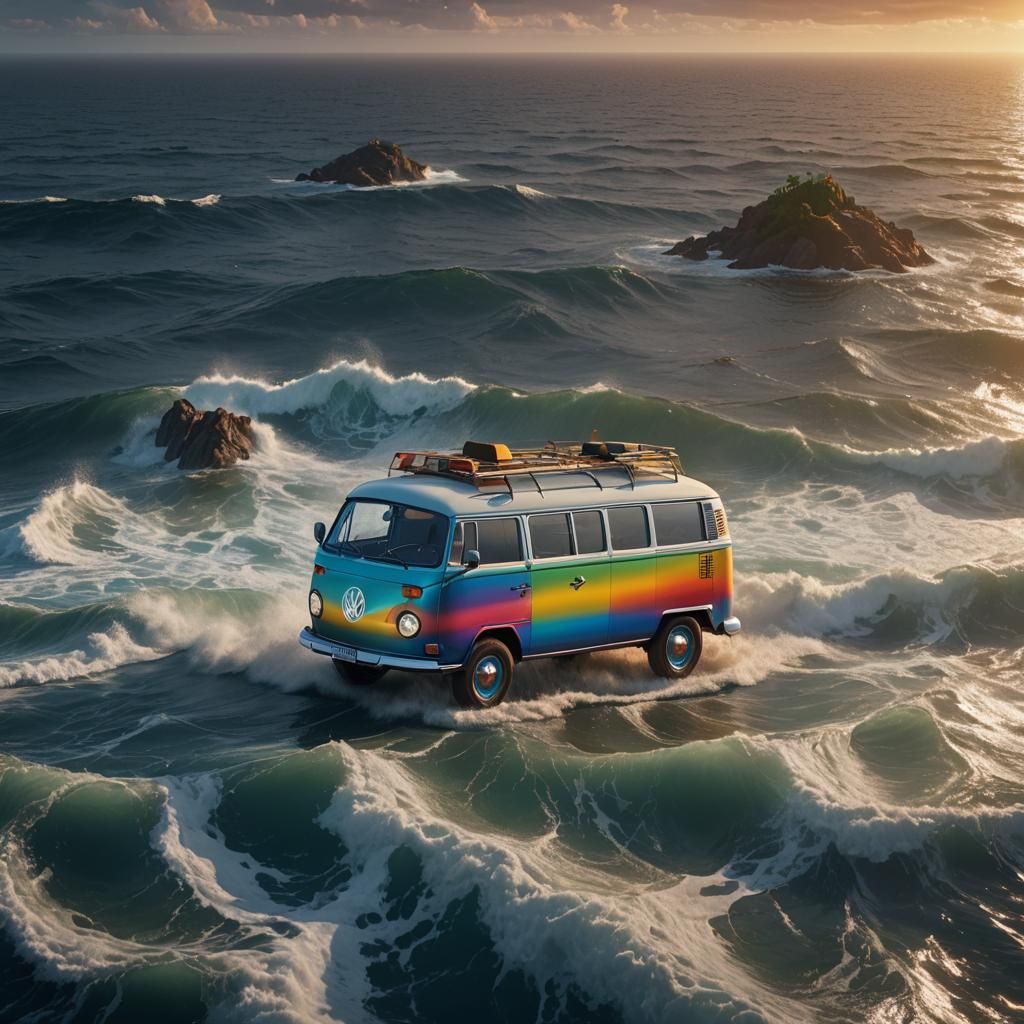 a rainbow VW bus driving in the middle of the ocean while the sun is setting  by @Binson