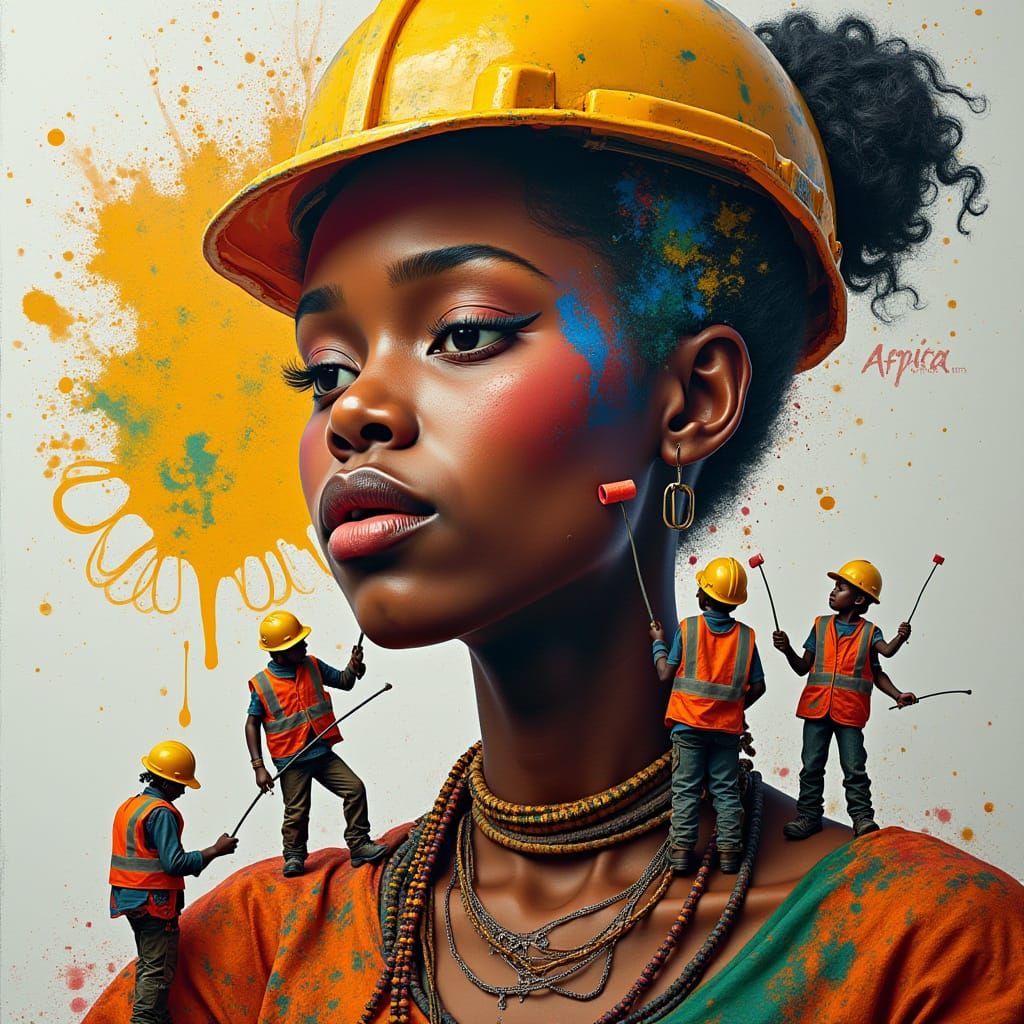 Hyper-realistic macro shot of tiny construction workers crafting an enormous T shirt  design. Some are spreading different paint colours wit...