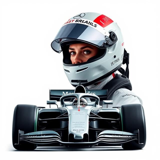 A DOUBLE EXPOSURE IMAGE OF A FEMALE FORMULA ONE RACING DRIVER AND A MERCEDES FORMULA ONE RACING CAR.