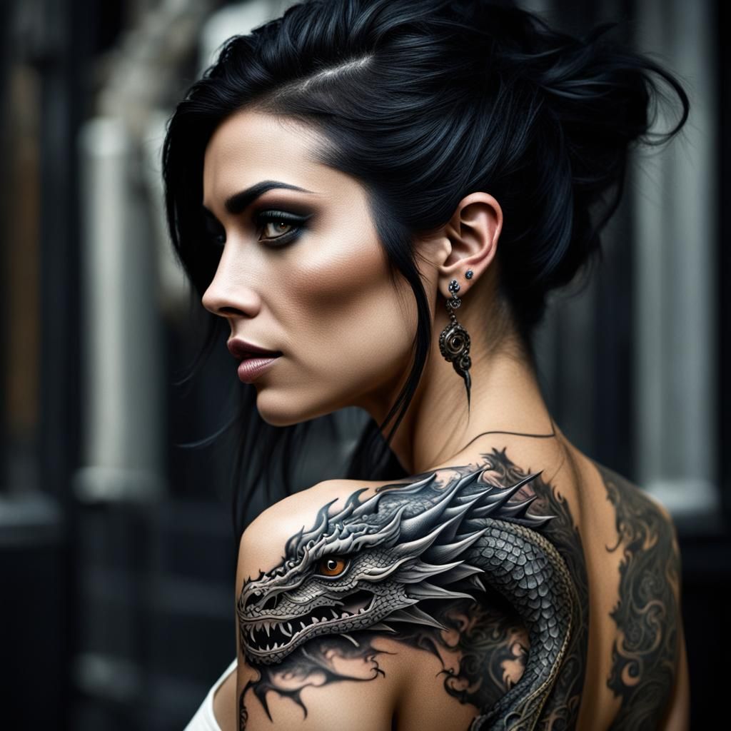 beautiful dark hair, her shoulder exposing a dragon tattoo.   by @Diggs Diggy