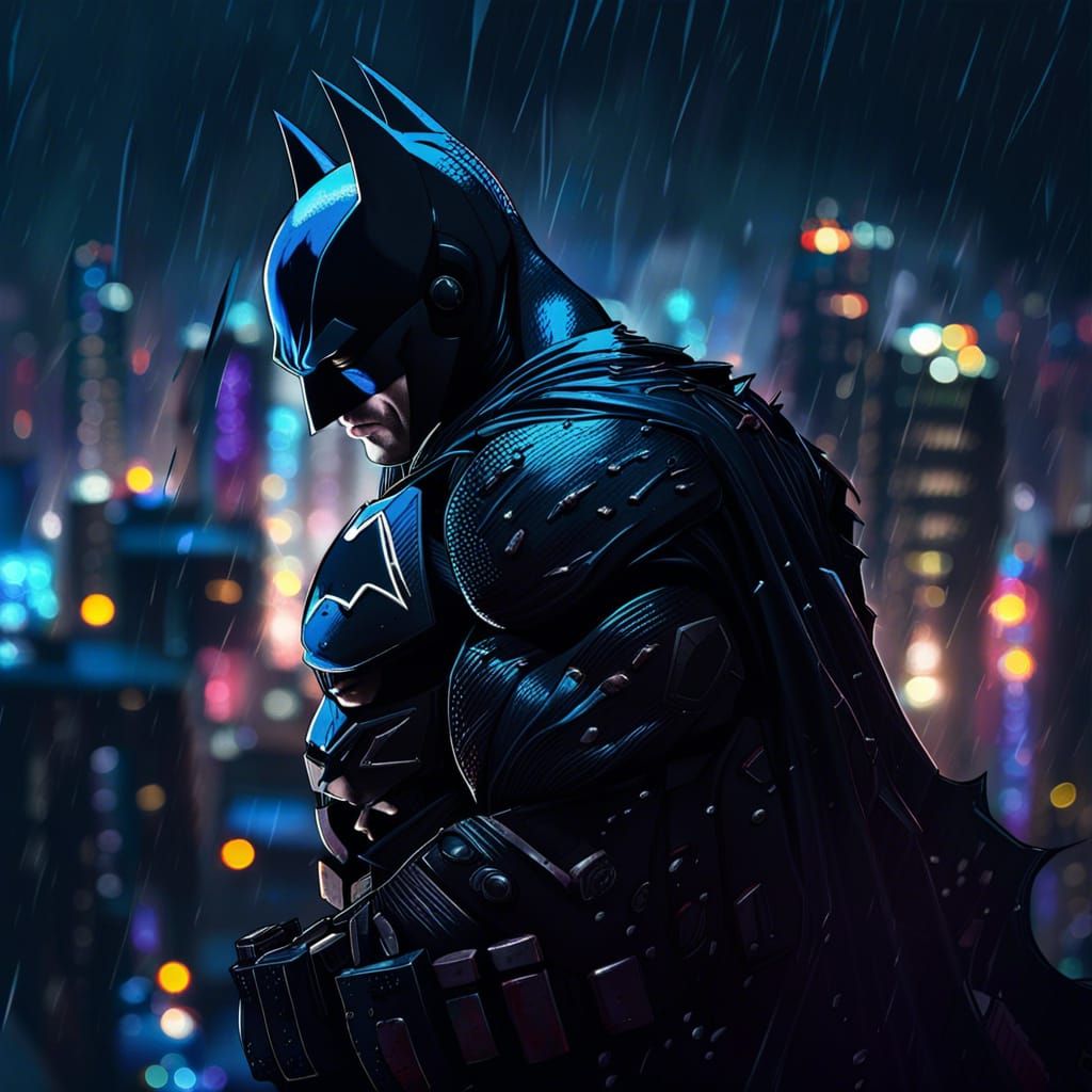 Batman looks out over the city on a rainy night. - AI Generated Artwork ...