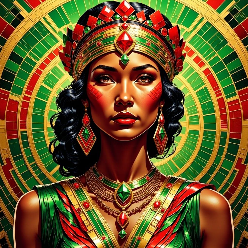  <lora:Native Art Deco:1.0> art Deco portrait of a native woman in Gold, emerald and garnet