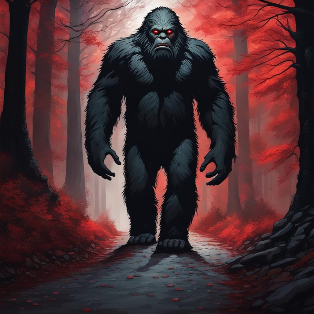 A CREEPY SCARY DARK ROAD IN THE FOREST WITH A SINISTER BIGFOOT WITH RED ...