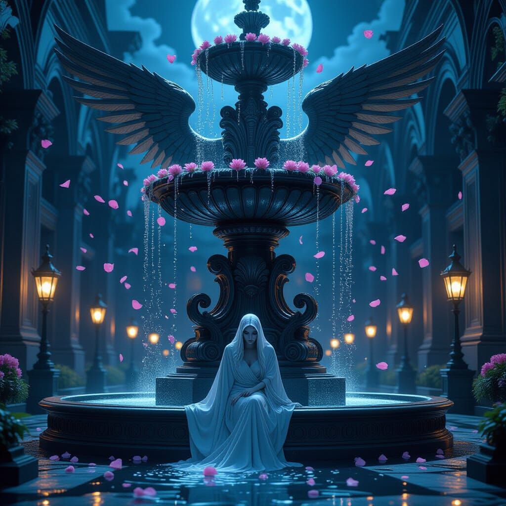Spring night park, gothic fountain  by @Marussia