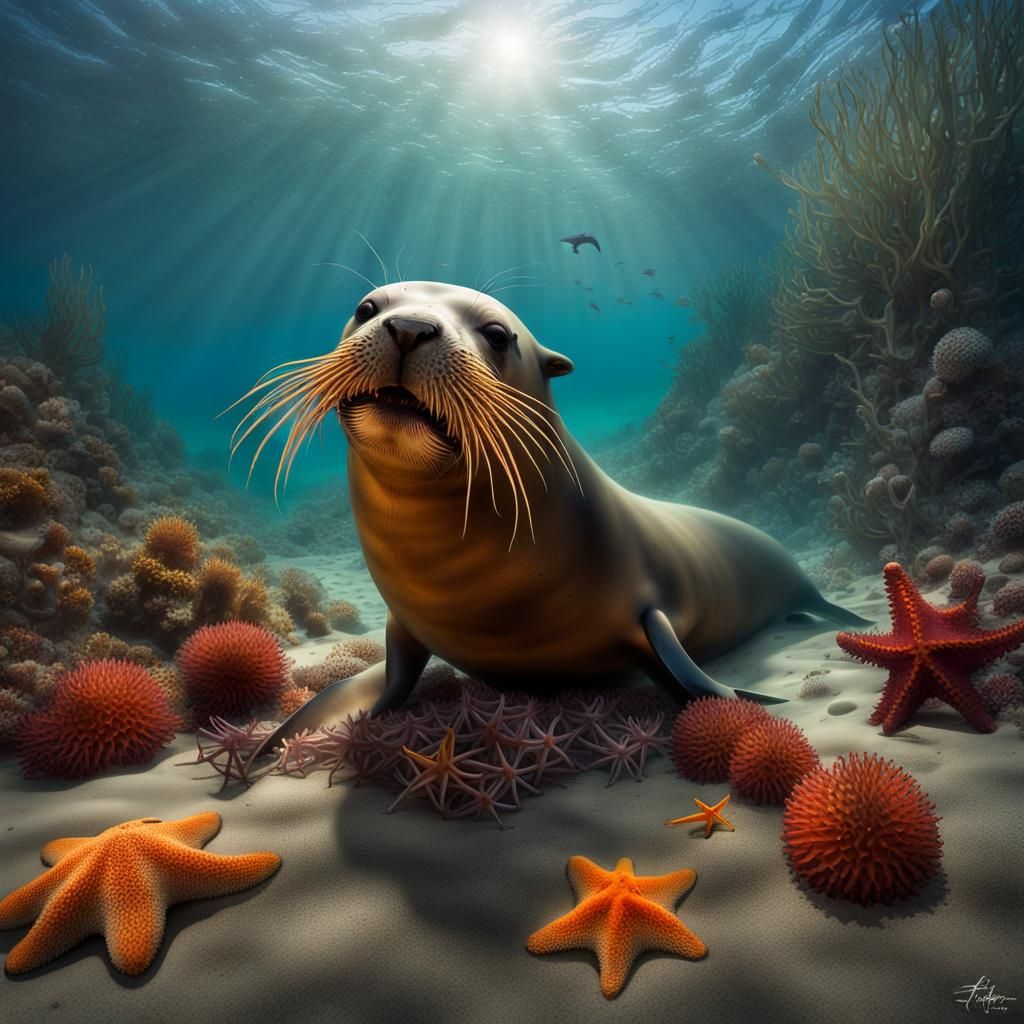 a curious sea lion closely investigates a starfish trying to...