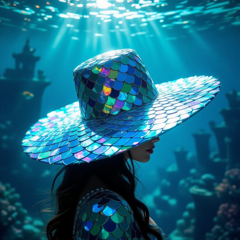 A whimsical, wide-brimmed hat sculpted entirely from shimmering, iridescent fish scales, catching the ...  by @draconewcal