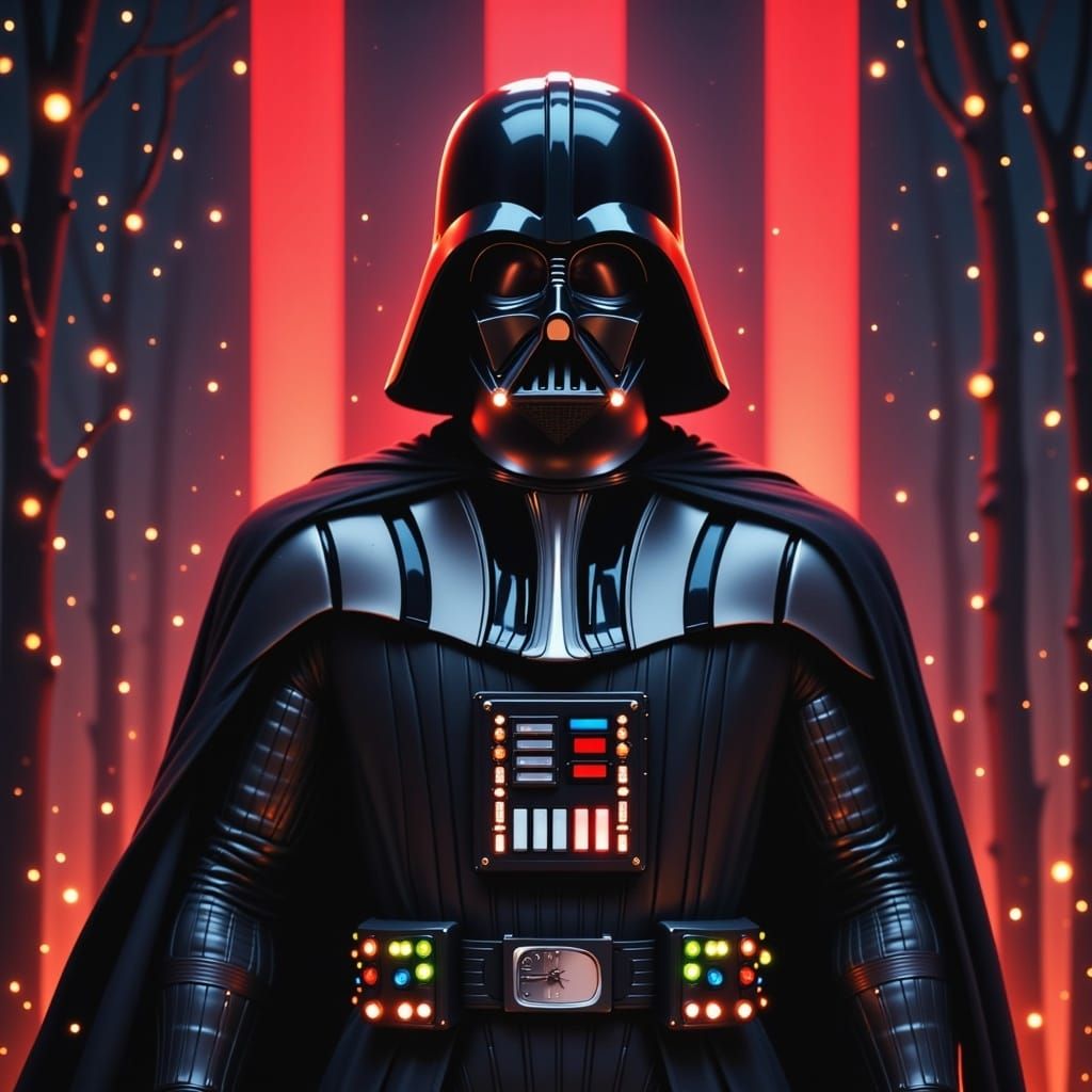  <lora:Fairy Lights Flux:1.0> An epic portrait of an intimidating Darth Vader