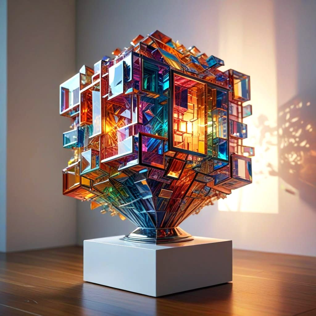 A 3D filigree rainbow colored sculpture all in cubes in a gallery exhibition. cubism dynamic lighting ...  by @Shelle-Sherrie