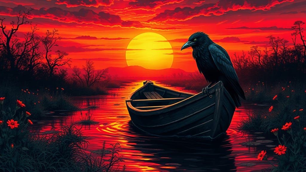 A stunning raven with lively eyes, dark sunset, a boat on a swampy river, wildflowers, by c215, Arthur ...  by @Mr Classics
