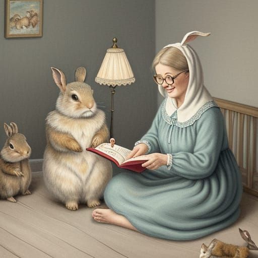 Mother Rabbit Reads to Her Baby Bunnies in a Cozy Burrow