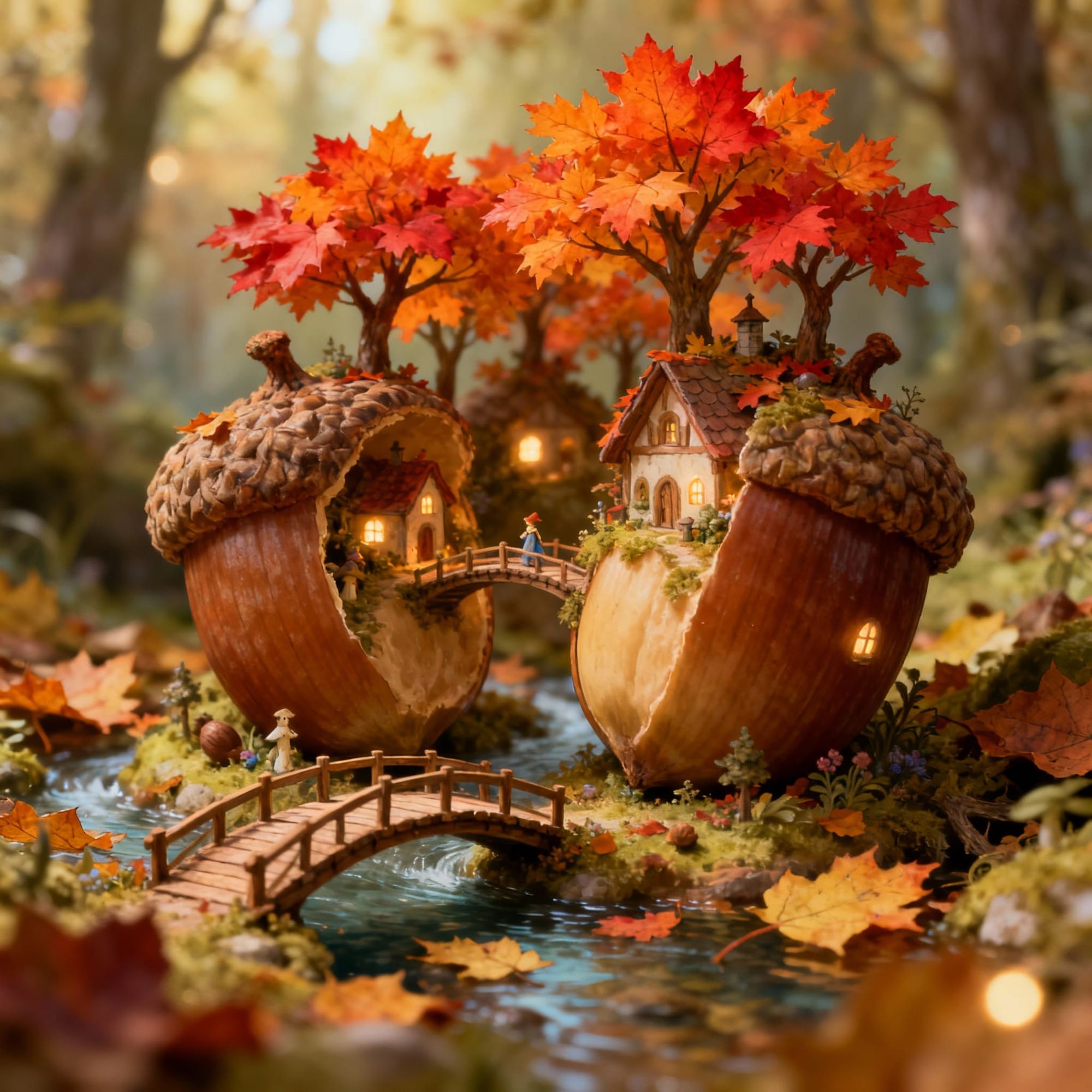 Tiny forest village built inside acorns.
Miniature wooden bridges stretch over leaf rivers.
Maple trees crown rooftops in blazing color.