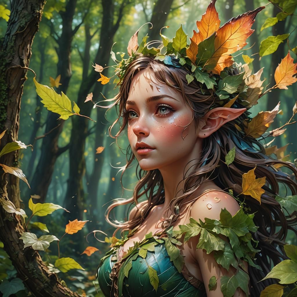 fairy, listening to wind blowing through the leaves in a woo...