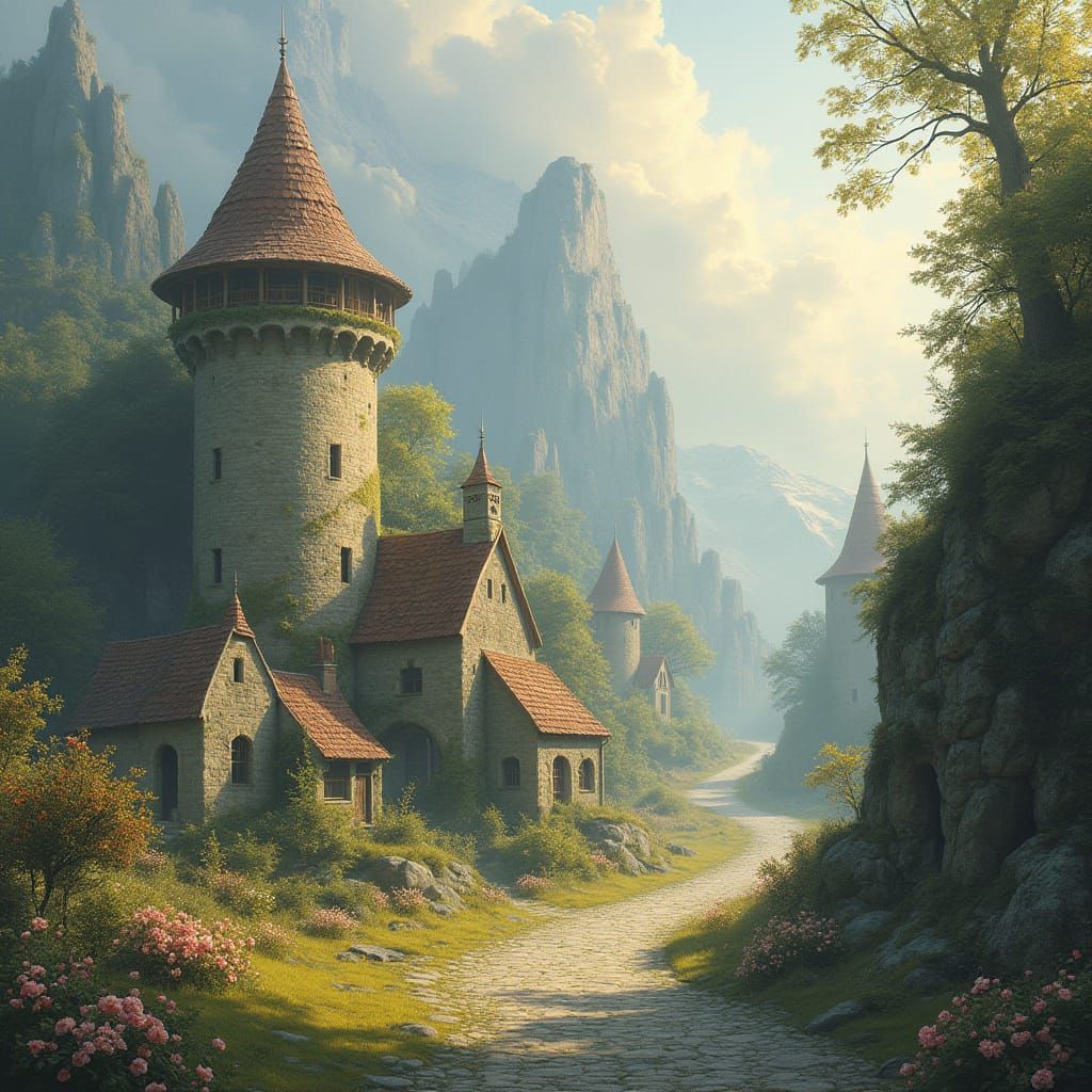 Weightless Village in Golden Haze