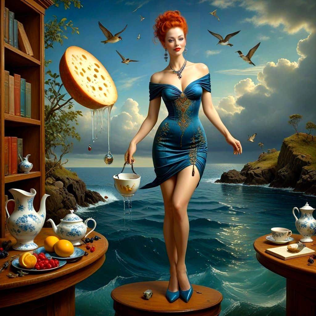 Surrealistic Portrait of a Happy Lady in Extravagant Surroun...