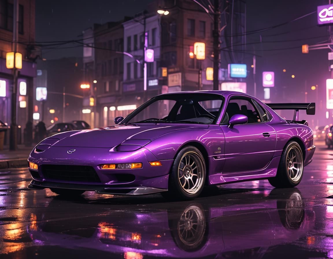 a parked Mazda RX7, purple neon lights underneath, flashing headlights