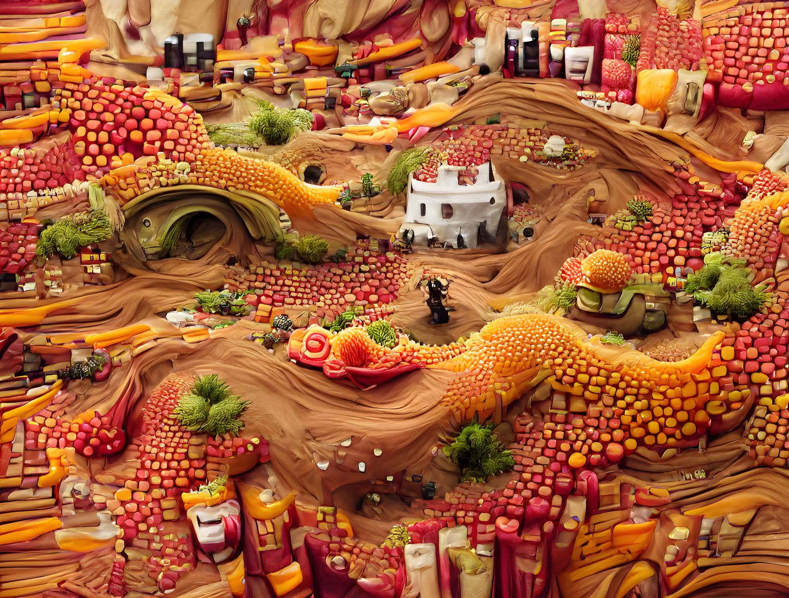 A stunning fantasy landscape made entirely of food.