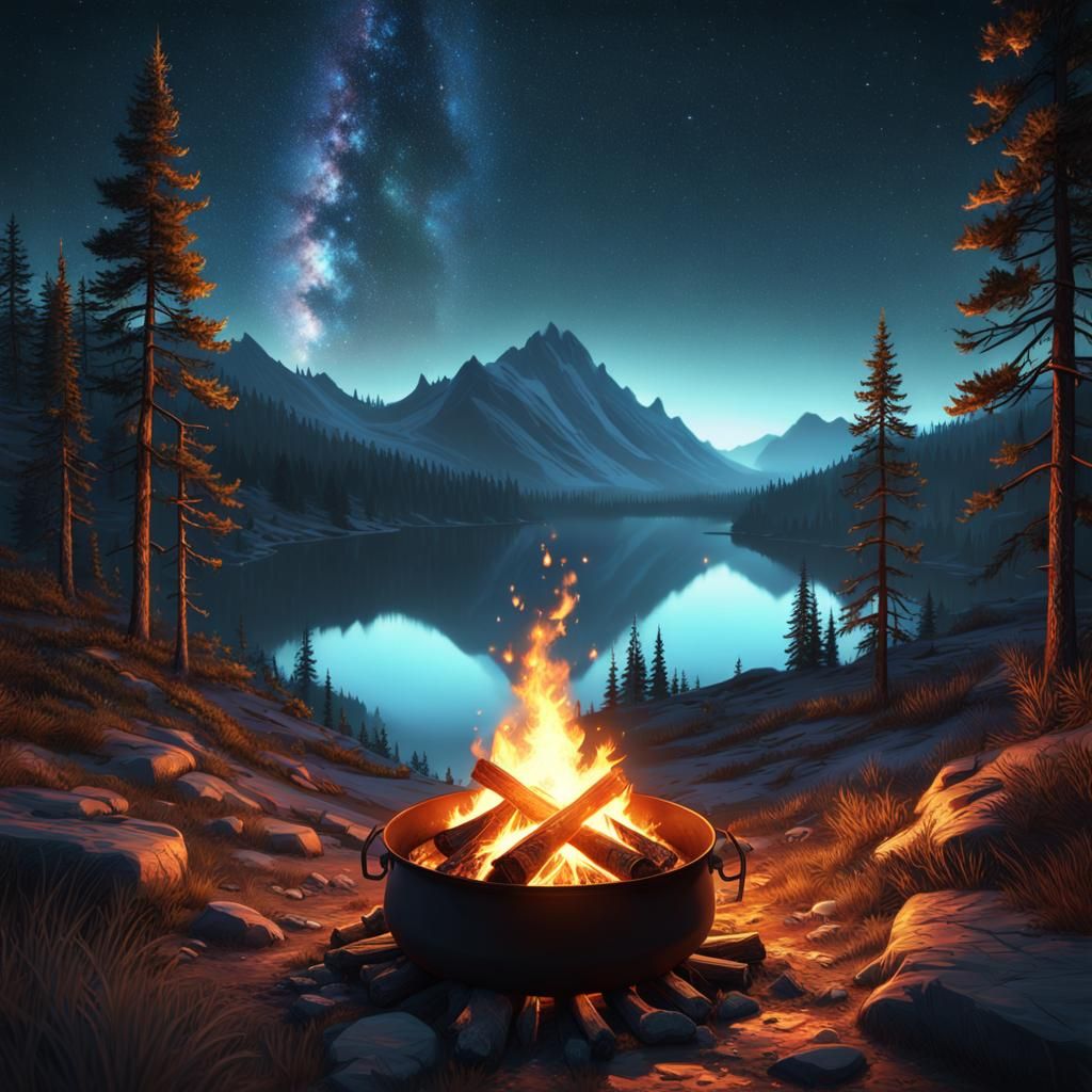 Campfire Pit Site With Mountain Side View With Forest & Lake...