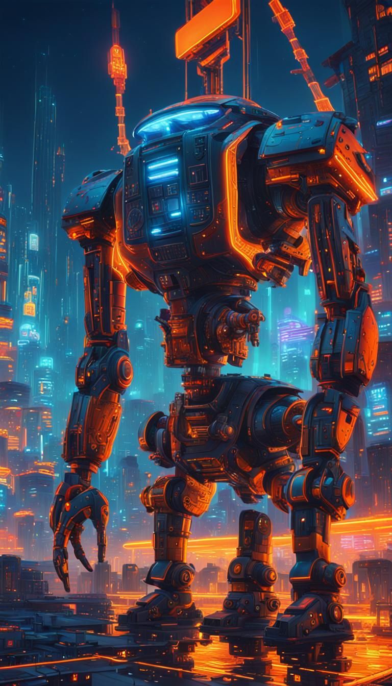 Cyberpunk Robot Dominates Alien Metropolis in Oil Painting