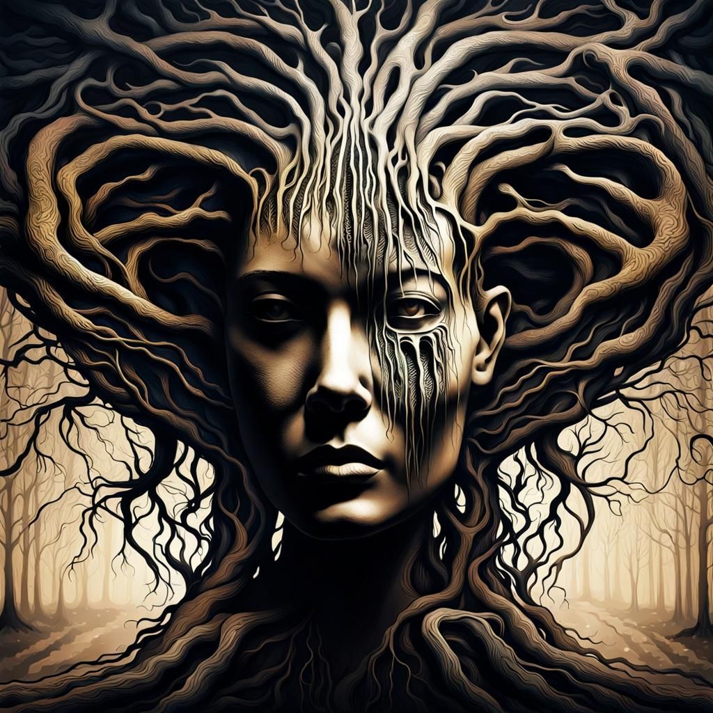 photo, style hr giger, a woman's head made of twisted roots,...