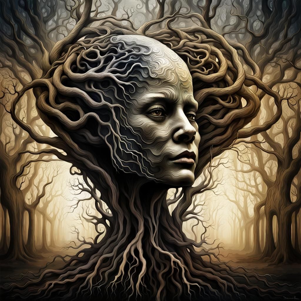 photo, style hr giger, a woman's head made of twisted roots,...