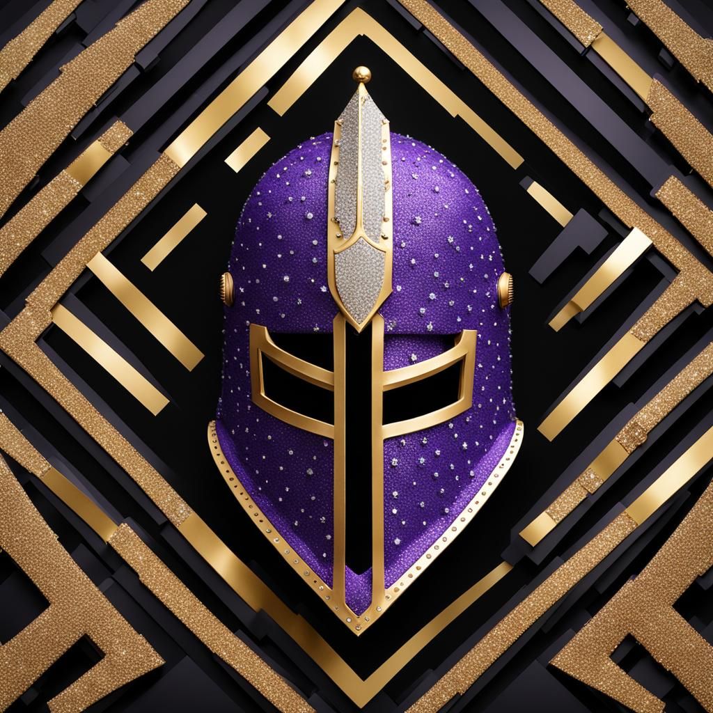 3D purple and gold knight helmet encrusted with diamonds and glitter
