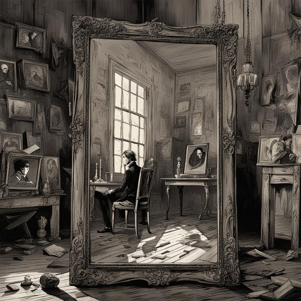 In a mirror the morbid reflection of Dorian Gray in a dusty ...
