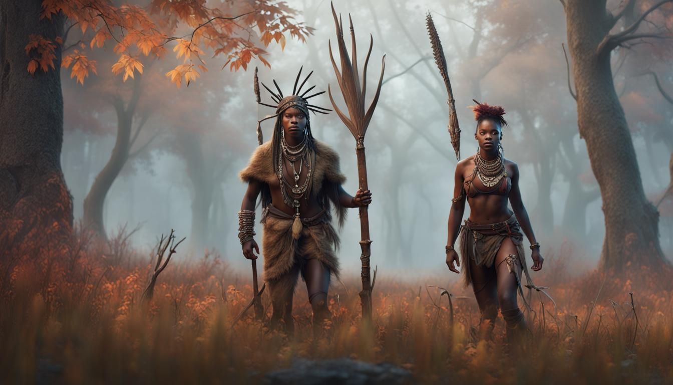 Tribal African hunters in the misty autumn woods. One muscul...