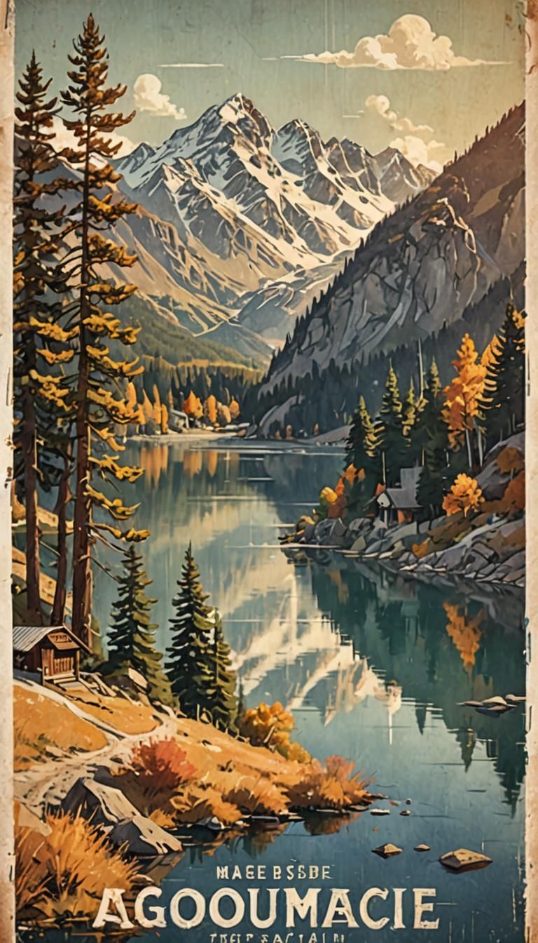 A scenic mountain scene in vintage travel poster  by @undefined