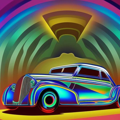 Shiny holographic Hot rod Hearst car Screen print, pop art, splash screen art, triadic colors