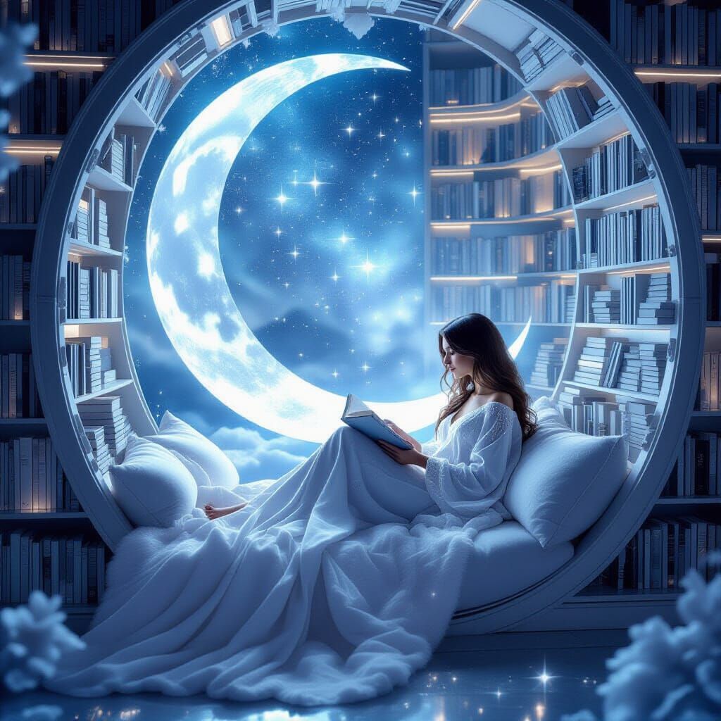 An ethereal reading space woven from moonlight and stardust inside a bookcase. Josa is on a floating ...  by @Observer1