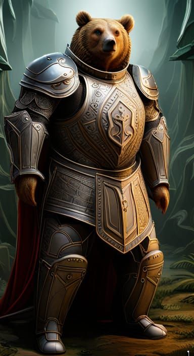 A armored obese Bear wearing full knights armor, with open face ...