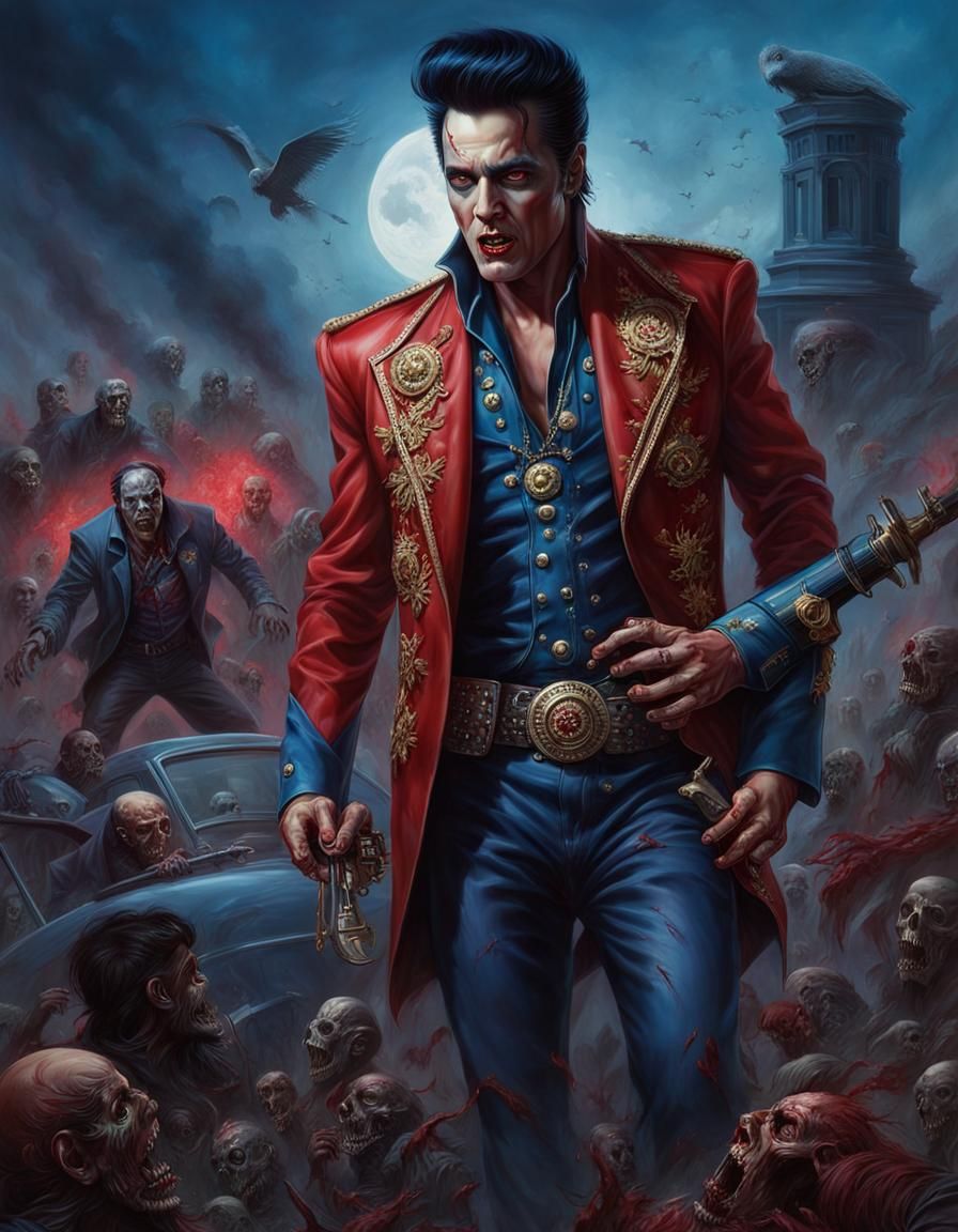 hyper-detailed photorealistic zombie Elvis from the return o...