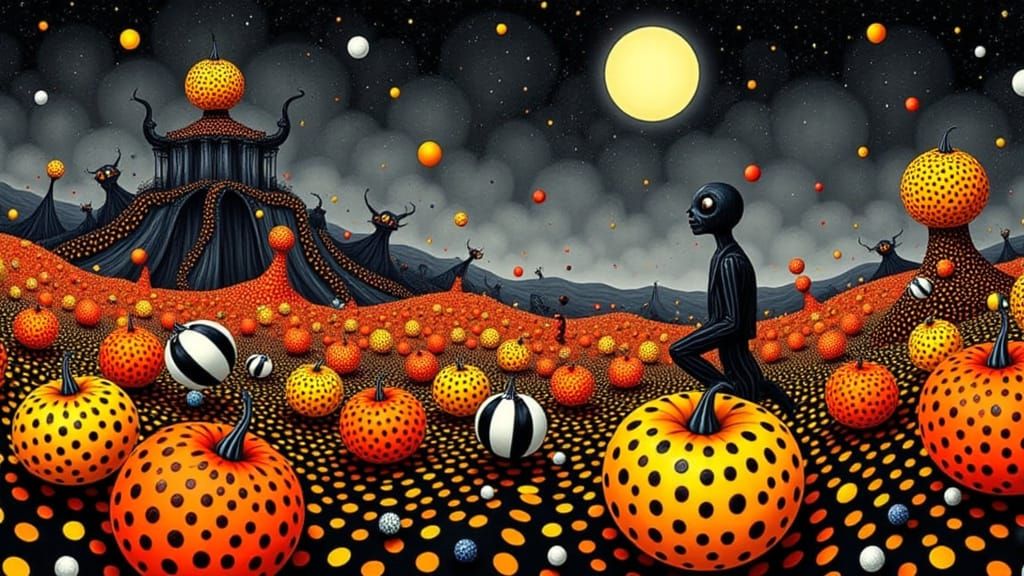 Pumpkindots glowing in an undulating field, each one covered in hypnotic polka dot patterns in contrasting black and electric yellow, with e...