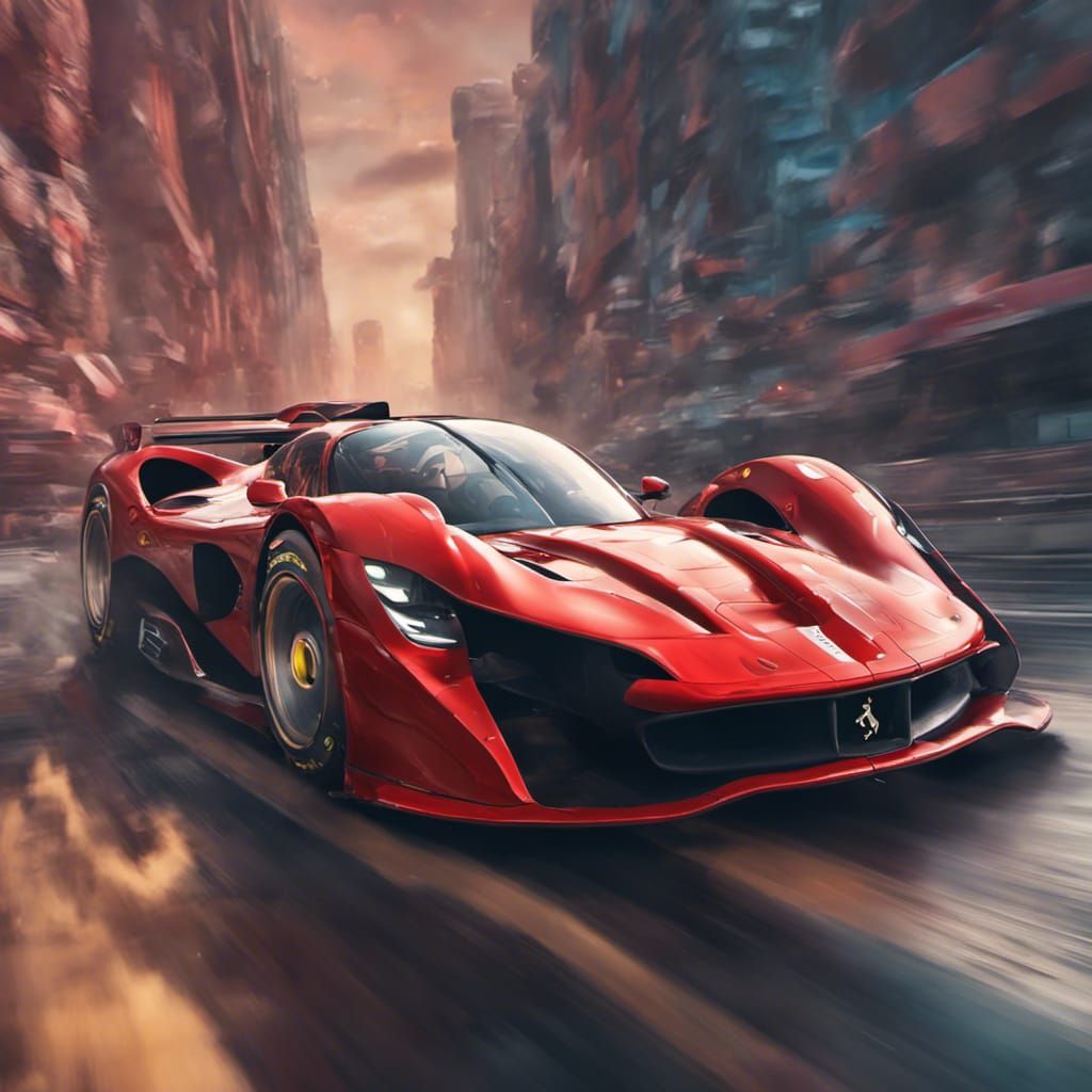 Fast ferrari racing car with jet pack on top and colorful an...